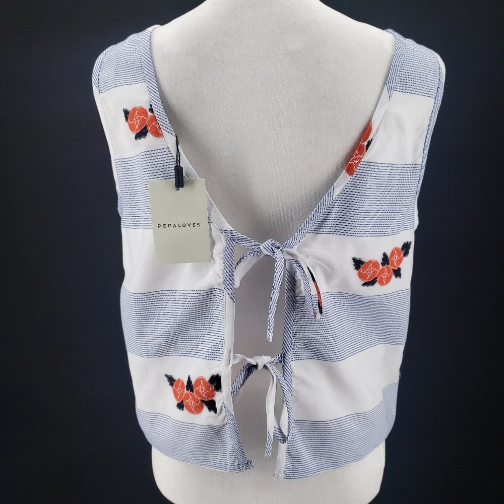 PEPALOVES Tie Back Floral Blouse Striped Summer Lightweight CUTE!!!